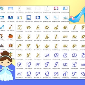 K&ouml;nnte beinhalten: Digitales Clipart-Set mit einem blauen Cinderella-Schuh mit rosa Schleife, einer Prinzessinnen-Illustration und verschiedenen M&auml;rchen-Grafiken. Enth&auml;lt ein kursives Schriftalphabet und andere Designelemente.