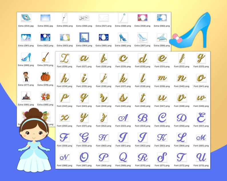 K&ouml;nnte beinhalten: Digitales Clipart-Set mit einem blauen Cinderella-Schuh mit rosa Schleife, einer Prinzessinnen-Illustration und verschiedenen M&auml;rchen-Grafiken. Enth&auml;lt ein kursives Schriftalphabet und andere Designelemente.