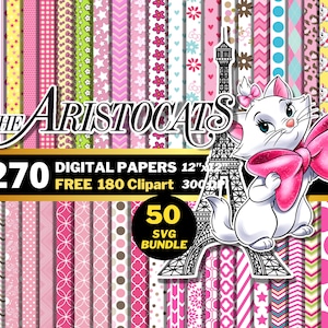 Puede incluir: Un paquete de papeles digitales con 270 papeles estampados en rosa y blanco, 180 imágenes de clipart y 50 archivos SVG. El paquete está inspirado en la película de Disney Los Aristogatos y presenta una imagen de dibujos animados de Marie, una gatita blanca con un lazo rosa, frente a la Torre Eiffel.