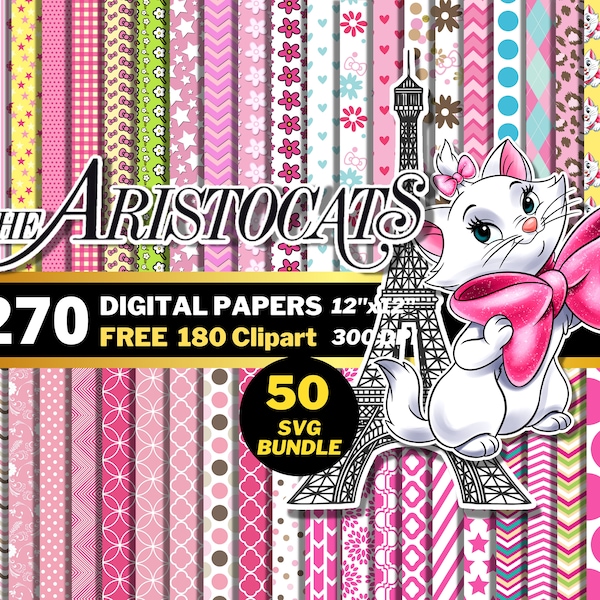 Aristocats Digital Papers, Marie Cat Clipart PNG, Marie Eiffel Tower, Little Lady Wrapping Papers, Aristo Cat Seamless Patterns