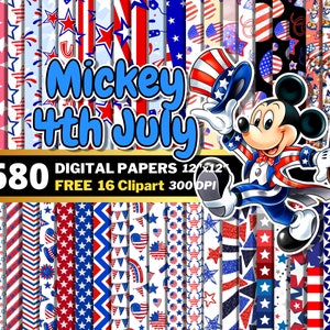 Documenti digitali di Topolino del 4 luglio, PNG Clipart del Giorno dell'Indipendenza, Confezione di Topolino del 4 luglio, Bandiere americane di Topolino, Modelli senza cuciture di Topolino