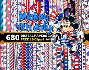 Mickey 4th-July Digital Papers, Independence Day Clipart PNG, Mickey 4th-July Wrapping, Mickey American Flags, Mickey Seamless Patterns