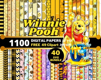 May include: A digital paper pack featuring Winnie the Pooh and honey themed designs. The pack includes 1100 digital papers, 49 clipart images, and 40 SVG files. The images are in a cartoon style and feature Winnie the Pooh, bees, honeycombs, and sunflowers.