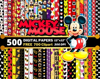 May include: A digital paper pack featuring 500 Mickey Mouse themed designs. The designs include various patterns with Mickey Mouse heads, silhouettes, and other iconic elements. The pack also includes 700 clipart images and is 300 DPI.
