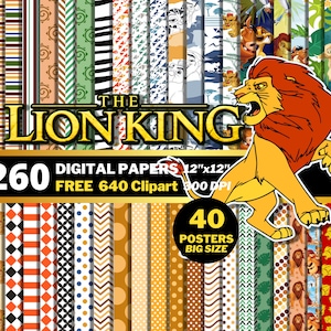 Lion King Digital Papers, Lion King Clipart PNG, Simba Pumbaa Timon, Timon i Pumbaa Papiery do pakowania, Lew Bezszwowe Wzory