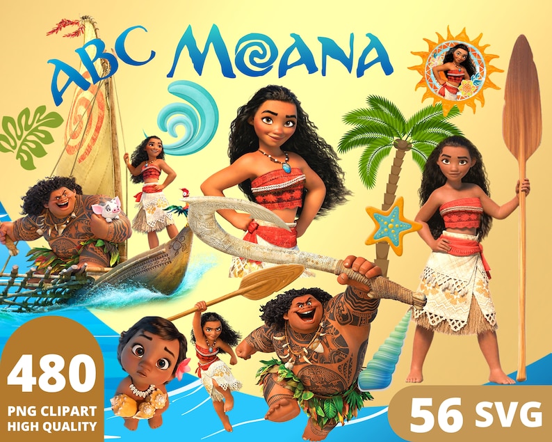 May include: A set of 480 PNG clipart images and 56 SVG files featuring characters from the animated film Moana. The images include Moana, Maui, Pua the pig, Hei Hei the rooster, and other characters from the movie. The images are in a cartoon style and are perfect for crafting, scrapbooking, and other creative projects.