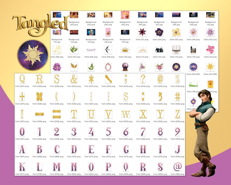 May include: A digital clipart set featuring a gold and purple sun with a galaxy background, a gold and purple font, and a cartoon image of a man with brown hair and a blue shirt. The set includes letters, numbers, and symbols.
