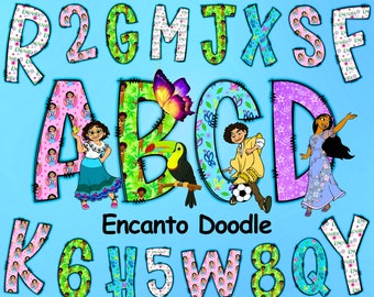 May include: Colorful alphabet letters with a patchwork design featuring characters from the animated film Encanto. The letters are decorated with floral patterns, butterflies, and toucans. The letters spell out "Encanto Doodle".