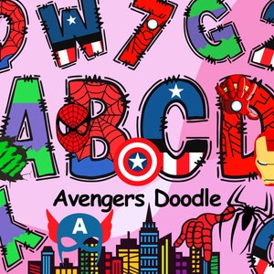 Marvel Avengers Doodle Alphabet, Spider-Man, Captain America, Ironman, Hulk, Avengers Doodle Letters, Marvel Alphabet Font