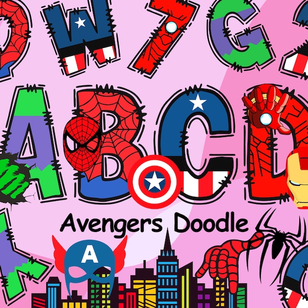 Marvel Avengers Doodle Alfabet, Spider-Man, Captain America, Ironman, Hulk, Avengers Doodle Letters, Marvel Alfabet Lettertype