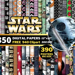 Papeles digitales de Star Wars, imágenes prediseñadas PNG de Star Wars, objetivo del equipo, Darth Vader, Yoda, The Clone Wars, papeles de regalo, patrones sin costuras