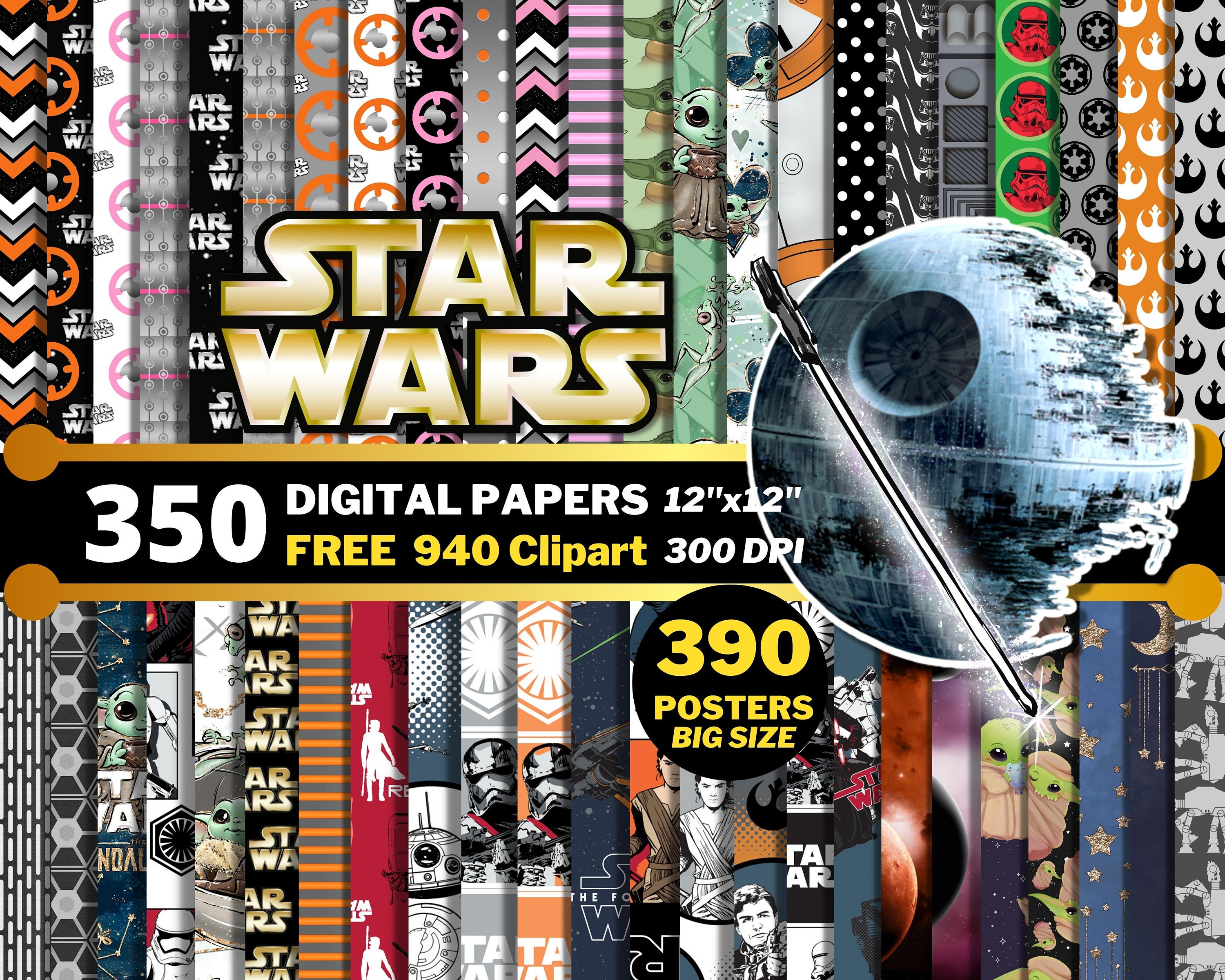 Papeles digitales de Star Wars, imágenes prediseñadas PNG de Star Wars, objetivo del equipo, Darth Vader, Yoda, The Clone Wars, papeles de regalo, patrones sin costuras