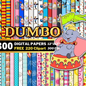 Papiers numériques Dumbo, Dumbo Clipart PNG, Dumbo Baby Shower imprimable, papiers d'emballage éléphant, Dumbo modèles sans couture