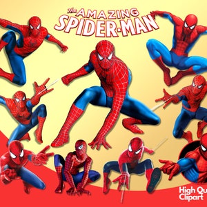 K&ouml;nnte beinhalten: Eine Sammlung von neun digitalen Clipart-Bildern, die Spiderman in verschiedenen Posen zeigen. Die Bilder sind im Cartoon-Stil gehalten und zeigen Spiderman in seinem charakteristischen rot-blauen Anzug. Der Text "The Amazing Spider-Man" erscheint oben im Bild. Der Text "High Quality Clipart" erscheint unten im Bild.