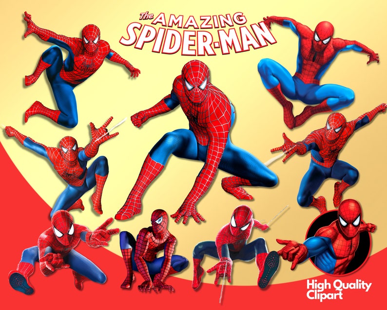 K&ouml;nnte beinhalten: Eine Sammlung von neun digitalen Clipart-Bildern, die Spiderman in verschiedenen Posen zeigen. Die Bilder sind im Cartoon-Stil gehalten und zeigen Spiderman in seinem charakteristischen rot-blauen Anzug. Der Text "The Amazing Spider-Man" erscheint oben im Bild. Der Text "High Quality Clipart" erscheint unten im Bild.