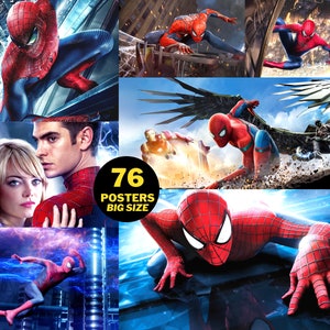 K&ouml;nnte beinhalten: Eine Collage von Bildern, die den Superhelden Spiderman in verschiedenen Posen und Umgebungen zeigen. Die Bilder zeigen Spiderman, wie er durch die Stadt schwingt, gegen Schurken k&auml;mpft und mit anderen Charakteren zusammensteht. Die Collage tr&auml;gt den Titel "76 Poster Gro&szlig;format".