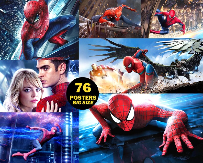 K&ouml;nnte beinhalten: Eine Collage von Bildern, die den Superhelden Spiderman in verschiedenen Posen und Umgebungen zeigen. Die Bilder zeigen Spiderman, wie er durch die Stadt schwingt, gegen Schurken k&auml;mpft und mit anderen Charakteren zusammensteht. Die Collage tr&auml;gt den Titel "76 Poster Gro&szlig;format".