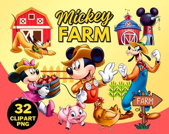 Mickey Farm Clipart PNG, Mickey Farm Theme, Mickey and Friends, Daisy and Donald, Party Wrapping Papers, Happy Farming Illustration