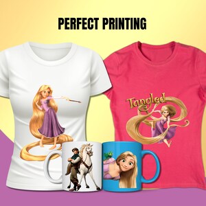 May include: Two white t-shirts with a pink t-shirt in the middle. The white t-shirts feature a printed image of Rapunzel from the movie Tangled. The pink t-shirt has the word "Tangled" printed on it with a printed image of Rapunzel. There are two mugs in the front of the shirts. One mug has a printed image of Rapunzel and the other mug has a printed image of Flynn Rider and Maximus from the movie Tangled.
