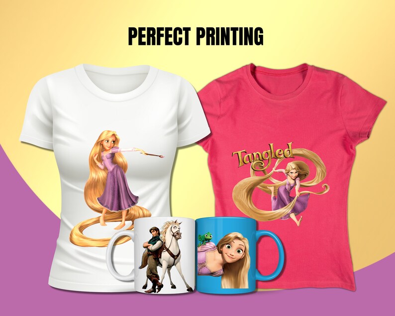 May include: Two white t-shirts with a pink t-shirt in the middle. The white t-shirts feature a printed image of Rapunzel from the movie Tangled. The pink t-shirt has the word "Tangled" printed on it with a printed image of Rapunzel. There are two mugs in the front of the shirts. One mug has a printed image of Rapunzel and the other mug has a printed image of Flynn Rider and Maximus from the movie Tangled.