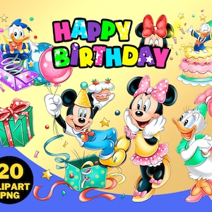 Clipart di compleanno di Topolino PNG, Topolino e amici, Daisy e Paperino, tema della festa di Topolino, illustrazione di buon compleanno