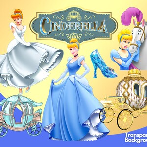 K&ouml;nnte beinhalten: Digitale Illustration von Aschenputtel in blauem Kleid, Glasschuh, Pferd und Kutsche. Das Wort "Cinderella" wird in einem Banner angezeigt. Der Hintergrund ist gelb und blau.