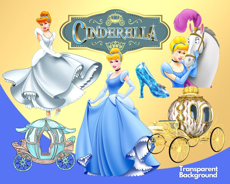 K&ouml;nnte beinhalten: Digitale Illustration von Aschenputtel in blauem Kleid, Glasschuh, Pferd und Kutsche. Das Wort "Cinderella" wird in einem Banner angezeigt. Der Hintergrund ist gelb und blau.