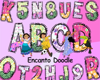 May include: Colorful alphabet letters with a patchwork design, featuring floral and geometric patterns. The letters are arranged in a random order, with the word "Encanto Doodle" written below.