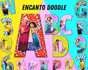 May include: A colorful alphabet with each letter decorated with images from the Disney movie Encanto. The letters are in a rainbow of colors with a yellow, pink, and blue background. The text "Encanto Doodle" is at the top of the image.