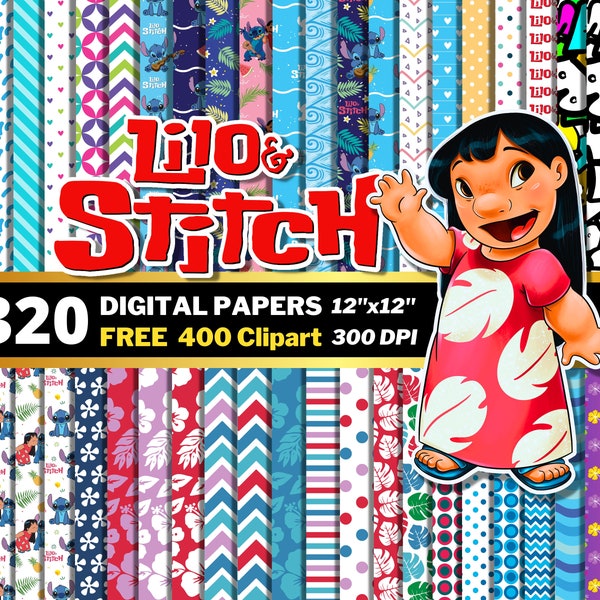 Lilo and Stitch Digital Papers, Stitch Clipart PNG, Stitch Valentines, Gifts Wrapping Papers, Stitch and Angel Seamless Patterns