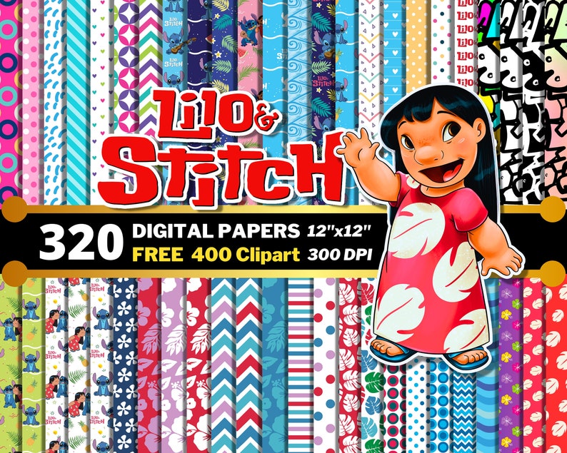 Lilo and Stitch Digital Papers, Stitch Clipart PNG, Stitch Valentines, Gifts Wrapping Papers, Stitch and Angel Seamless Patterns image 1