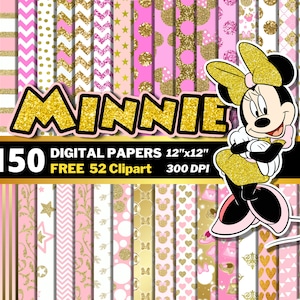 Minnie Mouse Gold Digital Papers, Minnie Mouse Clipart PNG, Seamless Patterns, Scrapbook Papers, Minnie Backgrounds, Digital Papers Pack
