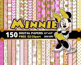 Minnie Mouse Gold Digital Papers, Minnie Mouse Clipart PNG, Seamless Patterns, Scrapbook Papers, Minnie Backgrounds, Digital Papers Pack