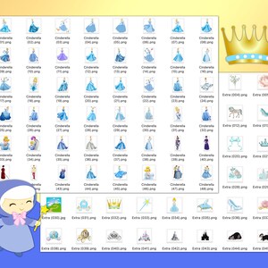 K&ouml;nnte beinhalten: Eine Sammlung digitaler Bilder zum Thema Cinderella, darunter verschiedene Illustrationen von Cinderella in ihrem ikonischen blauen Kleid sowie verwandte Symbole wie eine Krone, eine Kutsche und ein Glasschuh. Die Bilder sind nummeriert.
