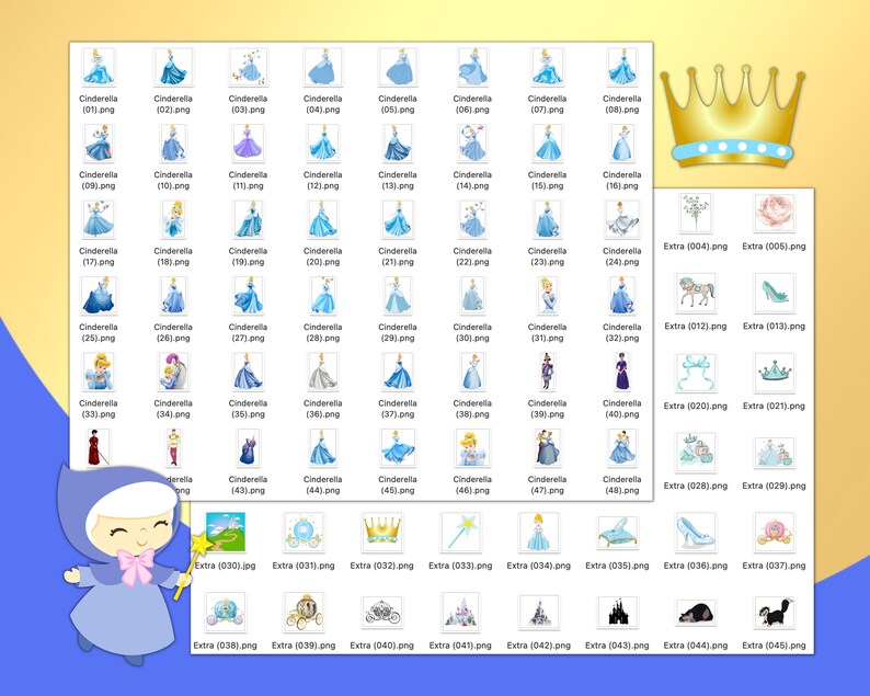 K&ouml;nnte beinhalten: Eine Sammlung digitaler Bilder zum Thema Cinderella, darunter verschiedene Illustrationen von Cinderella in ihrem ikonischen blauen Kleid sowie verwandte Symbole wie eine Krone, eine Kutsche und ein Glasschuh. Die Bilder sind nummeriert.