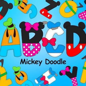 Mickey Mouse Doodle Alphabet, Mickey Character Alphabet, Cute Doodle Letters, Alphabet PNG Letters, Sublimation Font Designs