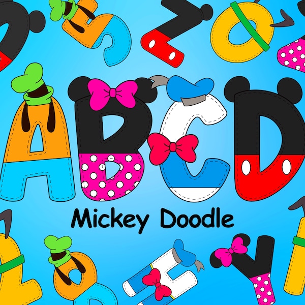 Mickey Mouse Doodle Alphabet, Mickey Character Alphabet, Cute Doodle Letters, Alphabet PNG Letters, Sublimation Font Designs