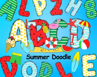 Summer Doodle Alphabet, Summer Alphabet PNG, Summer PNG Letters, Summer Beach Letters, Numbers & Accessories, Sublimation Font Designs