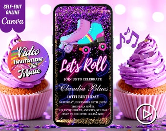 Let's Roll Birthday Video Invitation, Skate Party Invitation, Roller Skating Party, Canva Template, Any Age, DIY Musical Video Evites