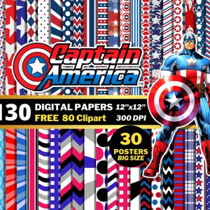 Captain America Digital Papers, Captain America Clipart PNG, Marvel SuperHeroes, Carte da regalo per compleanni, Modelli senza cuciture di Captain America