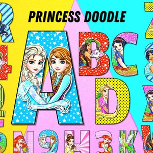 Alfabeto de princesas con garabatos, Frozen, La sirenita, Blancanieves, Campanilla, Enredados, Letras del alfabeto de princesas, Fuente de sublimación de personajes