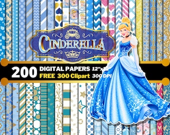 Cinderella Digital Papers, Princess Clipart PNG, Gift Wrapping Papers, Cinderella Seamless Patterns