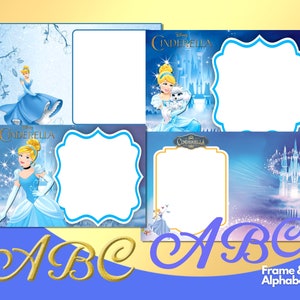 K&ouml;nnte beinhalten: Vier Cinderella-Fotorahmen in Blau und Wei&szlig;. Jeder Rahmen zeigt Cinderella in ihrem blauen Kleid, mit einem Schloss und M&auml;rchenelementen. Goldene Buchstaben schreiben "ABC".