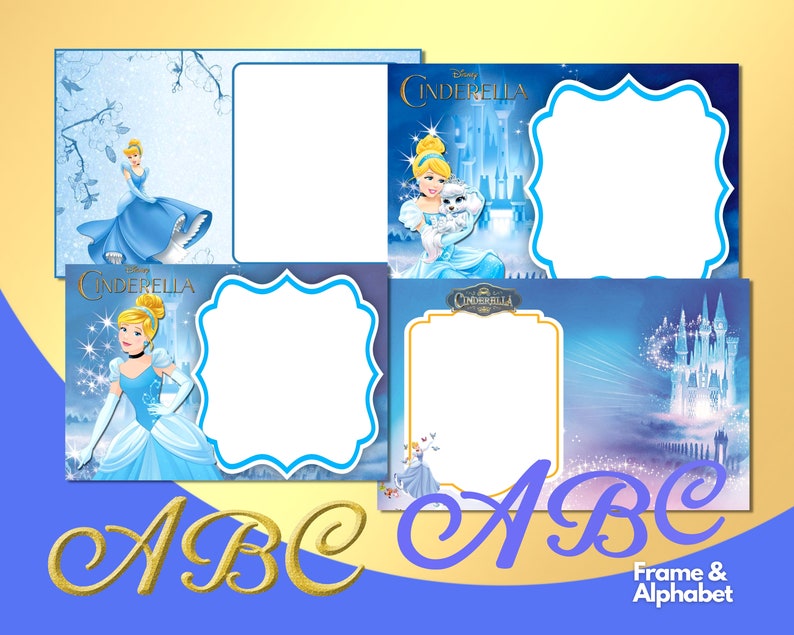 K&ouml;nnte beinhalten: Vier Cinderella-Fotorahmen in Blau und Wei&szlig;. Jeder Rahmen zeigt Cinderella in ihrem blauen Kleid, mit einem Schloss und M&auml;rchenelementen. Goldene Buchstaben schreiben "ABC".