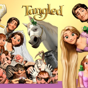 May include: A colorful illustration featuring characters from the animated film Tangled. The image includes Rapunzel, Flynn Rider, Maximus the horse, Pascal the chameleon, and the Snuggly Duckling gang. The title "Tangled" is displayed in gold lettering.