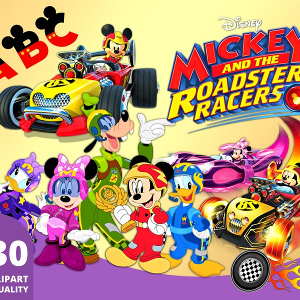 Mickey and Roadster Racers Clipart PNG, Mickey Car Race Font, Mickey Roadster Cake Topper, Mickey Racers Gifts, Mickey Mouse Sublimation