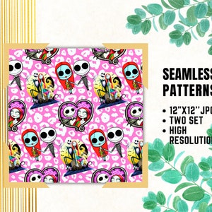 May include: Seamless patterns featuring characters from The Nightmare Before Christmas. The design includes Jack Skellington, Sally, and other characters on a pink leopard print background. The image also includes the text "SEAMLESS PATTERNS".