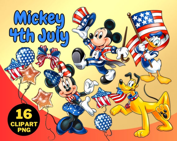 Mickey 4th July Clipart PNG, American Independence Day, Mickey Mouse, Minnie Mouse, Donald and Daisy, Goofy Pluto, Digital Illustration
