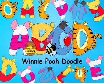 Winnie the Pooh Doodle Alphabet, Pooh Bear Alphabet, Tigger Piglet Doodle Letters, Alphabet PNG Letters, Sublimation Font Designs