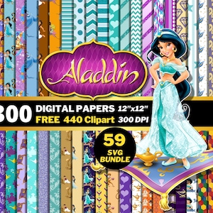 Aladdin Jasmine Digital Papers, Jasmine Clipart PNG e SVG, Disegni modello Principessa Jasmine, Carta da imballaggio, Modelli senza cuciture Jasmine